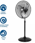 Industrial Grade 18 Inch High Velocity Pedestal Oscillating Fan With Aluminum Blades 3850 CFM 3 Speed Settings, shown with 3 speed operation icons.