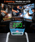Your Go To 110V Portable Arc Welder With LCD Display And 200A IGBT Inverter shown with three welding modes and digital display