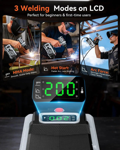 Your Go To 110V Portable Arc Welder With LCD Display And 200A IGBT Inverter shown with three welding modes and digital display