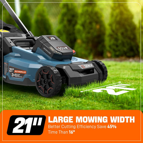 X6 60V Max 21 Inch Beast Power Self Propelled Mower With 8Ah Battery And Charger, Smart Display, 7 Level Height Adjustment, 3 In 1 Mulching Bagging And Side Discharge, Battery Shipped Separately. 21-inch cordless mower on grass