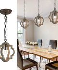 Farmhouse Wood Pendant Light for Kitchen Island with Adjustable Chain 1 Light Rustic Hanging Fixture in dining room setting.