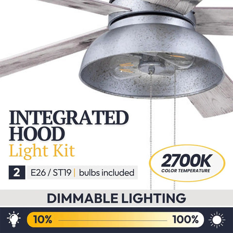 Industrial 52 Inch Ceiling Fan With Light Kit For Indoor And Outdoor Spaces Pull Chain Control Five Dual Finish Blades