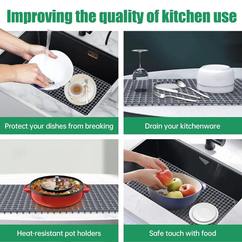 Silicone Kitchen Sink Mat Protector For Stainless Steel Sinks 27.2 X 13.4 Inches No Slip Heat Resistant Drain Grate Gray in use
