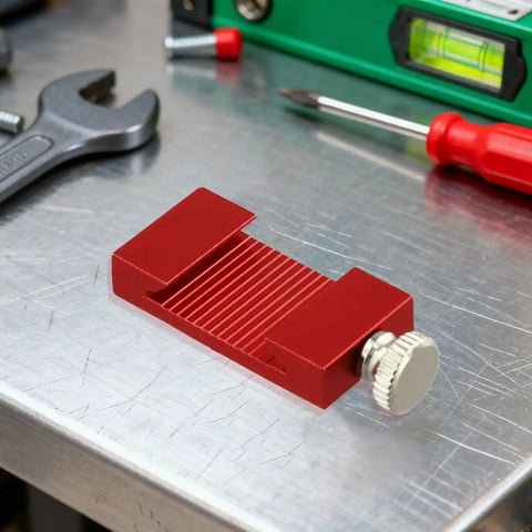 Ruler Stop Fence For Precision Marking And Quick Straight Lines, 20mm Spacing With 26mm Block, Steel Construction, Adjustable Groove And Locking Screw, Built Tough And Easy Setup For High Accuracy Projects, red metal ruler stop fence on workbench