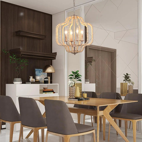 Dining room featuring Modern Chandelier Light Fixture With Wood Beaded Boho Pendant 4 Lights Orb Design Vintage Farmhouse Ceiling Light