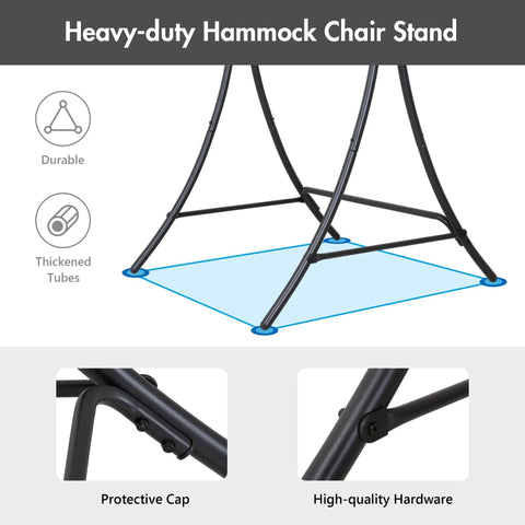 Heavy Duty Hanging Swing Chair With Stand Included For Outdoor Chill Sessions, black steel frame and protective hardware.