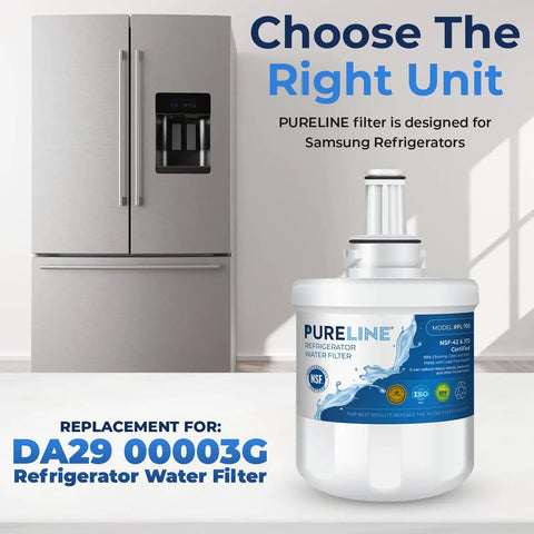 Replacement Water Filter For Samsung Refrigerators Fits DA29-00003G three pack next to stainless steel fridge.