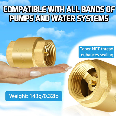 2-pack solid brass spring check valve, 1/2 in NPT female threads, inline water valve