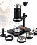 Portable Hand Crank Espresso Maker Kit With Secure Base Stand And Adjusting Pressure Settings Great For Campgrounds Roadtrips Or Garage Sessions, black and silver with brewing accessories.