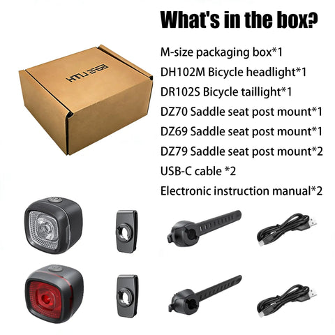 Type C Rechargeable LED Bike Front and Rear Light Set with packaging, headlight, taillight, seat post mounts, USB-C cables, and manual.