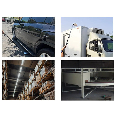 Under Vehicle Inspection Mirror With LED Light showing different uses and telescopic handle in auto and industrial settings.