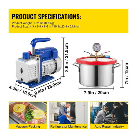 3CFM 1/4HP Vacuum Pump With Chamber For Household And Auto Air Conditioning Servicing, A Handy Refrigeration Vacuum Tool With 6L Chamber, Pro Grade, Durable, Easy To Use, Great For Maintenance And Repairs; product specs and use