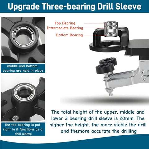 Upgrade three-bearing drill sleeve with detailed view showing top, intermediate, and bottom bearing for enhanced stability.