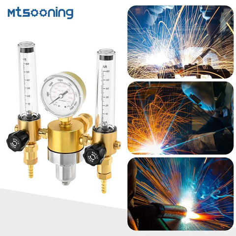 Mtsooning dual-output argon regulator with dual flow meters and central pressure gauge, brass body