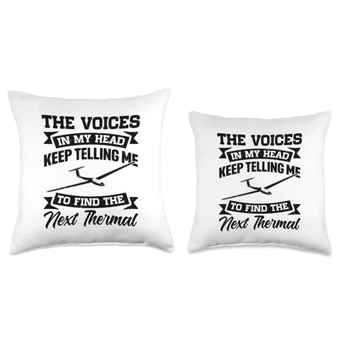 White throw pillows with glider pilot quote, perfect for aviation enthusiasts home decor, featuring sailplane graphic.