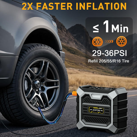 Portable Tire Inflator With Digital Pressure Gauge 12V DC Air Compressor inflating a car tire, showing quick inflation rate