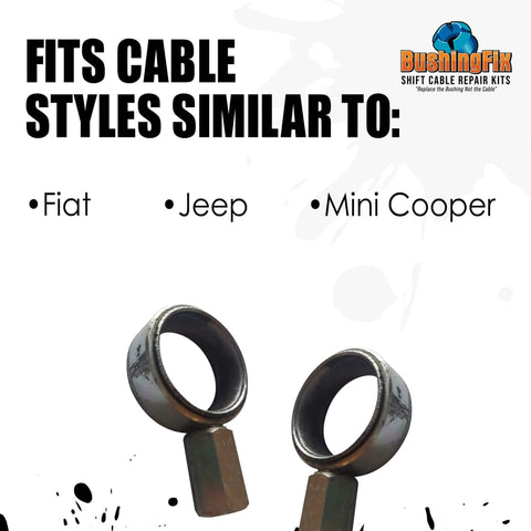 Close-up of FM1KIT Manual Transmission Shift Cable Bushing Repair Kit bushings for Fiat, Jeep, Mini models with text details.
