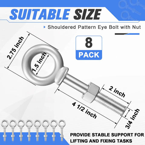 Built Like A Tank Heavy Duty 8 Pack 3/4 X 4 1/2 Inch Shoulder Eye Bolts With Nuts measuring 2.75 inch diameter for rigging.