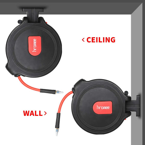 Automatic Retractable Air Hose Reel with Enclosed Case Fifty Feet Of Three Eighth Inch Hybrid Hose Fittings shown on ceiling and wall