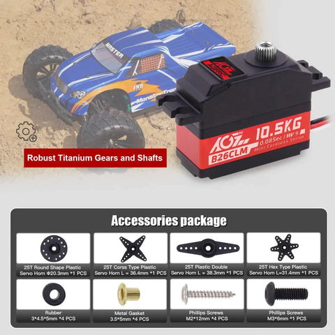 Beefed Up 10.5Kg Digital Coreless RC Servo Motor With Aluminum Shell And Titanium Gear next to 1/12 scale off-road car