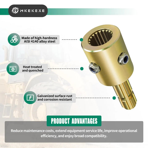 Heavy Duty Pto Extender Adapter For Tractor Shaft Extension Universal 1-3/4 To 1-3/8 Spline Female To Male Coupler With Screw Lock close-up view, AISI 4140 alloy steel, heat treated, galvanized.