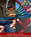 Collage showing uses of Red Heat Shrink Tubing Kit 300 Pieces With 1.77 Inch Lengths In Seven Sizes 3 To 1 Shrink Ratio Marine Grade Waterproof