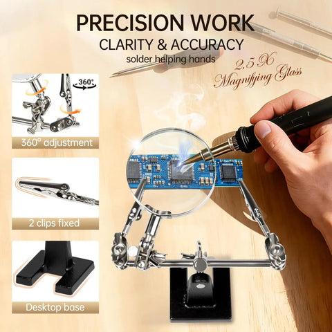 Hands Free Magnifier Station With 2.5X Glass Lens Dual Adjustable Alligator Clips On 4 Way Swivels Heavy Base for precision soldering.