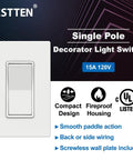 20 Pack Single Pole Decorator Light Switches With Screwless Wall Plates UL Listed 15A 120 To 277V Easy Install Quick Push In Or Side Wiring Gloss Finish Wall Plates Included For 12 AWG Terminal Screws And 14 AWG Solid, white switch