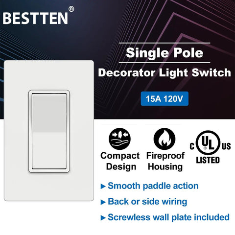 20 Pack Single Pole Decorator Light Switches With Screwless Wall Plates UL Listed 15A 120 To 277V Easy Install Quick Push In Or Side Wiring Gloss Finish Wall Plates Included For 12 AWG Terminal Screws And 14 AWG Solid, white switch