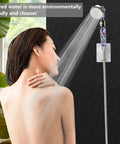 High Pressure Jetting Shower Head With 3 Modes, Modern Chrome Finish, ABS Body, Mineral Stone Beads on black tile wall
