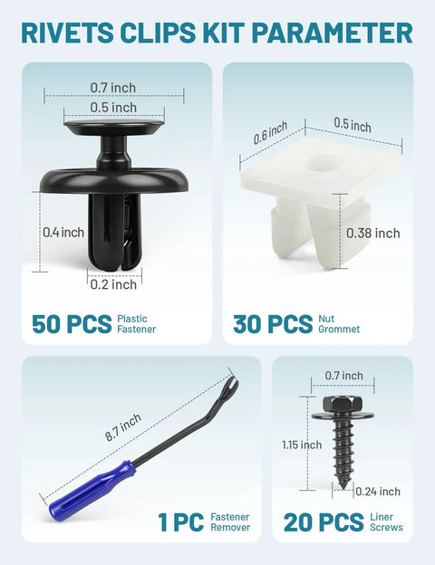 Premium 101 Piece Engine Undercover And Fender Retainer Clip Kit With Fastener Puller For Toyota Lexus Push Pin Rivets Bumper Grommets Liner Screws Slick Fit No Sweat Direct Swap Guarantee with clip sizes and fastener remover.