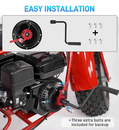 Upgraded Crank-Handle Pull Start Recoil Starter Assembly on mini bike, showing installation with extra bolts
