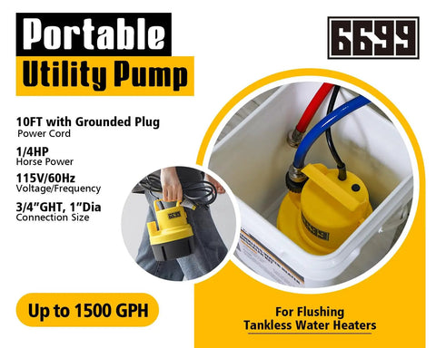 Portable utility pump in use, connected for flushing tankless water heaters. Includes specs: 1/4 HP, 10ft cord, up to 1500 GPH.