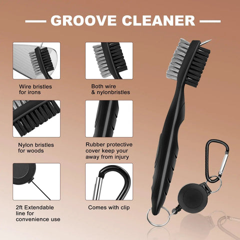 Must Have All In One Golf Accessories Set With Leather Case For Men And Women Including Tees Balls Divot Tool Ball Markers Stencils Line Marker Retractable Brush Ball Clamp And Scorer showing groove cleaner with wire and nylon bristles, clip and extendable line