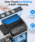 Close-up of portable countertop nugget ice maker showing one-touch buttons for self-cleaning and ice making.