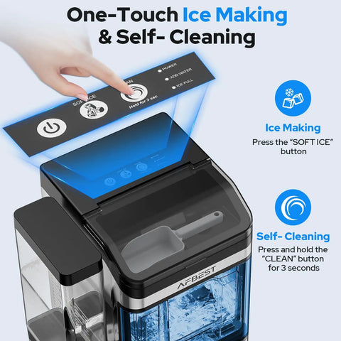 Close-up of portable countertop nugget ice maker showing one-touch buttons for self-cleaning and ice making.