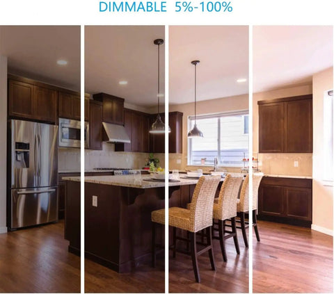 Modern kitchen lit by 4 Pack 4 Inch Gimbal LED Recessed Light With 3 CCTs 2700K 3000K 4000K 12W 100W Eqv IC Rated 1000 Lumen