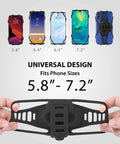 Third Gen Bike Phone Mount For Stem With Shock Absorbing Silicone Holder And Scratch Free Grip, Universal 5.8 To 7.2 Inch Phone Fit For Most Smartphones, Ultra Stable Mount With Easy Install, Black Stem showcased with phone sizes displayed.