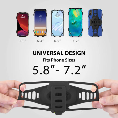 Third Gen Bike Phone Mount For Stem With Shock Absorbing Silicone Holder And Scratch Free Grip, Universal 5.8 To 7.2 Inch Phone Fit For Most Smartphones, Ultra Stable Mount With Easy Install, Black Stem showcased with phone sizes displayed.