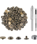Leather Snap Fastener Kit Five Eighths Inch Bronze Tone Stainless Snaps For DIYers Bags, Clothes, Fabric, Jeans Includes 50 Sets With Covers, Washers, Sockets, Studs And Easy Install Tools displayed with installation tools.