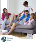 Family enjoying quality time on a sofa with Compatible PUR Water Filter Replacement Cartridges logo visible.