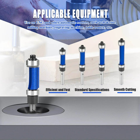 Top And Bottom Bearing Flush Trim Router Bit Set With One Quarter Inch Shank, Carbide Cutter, One Half Inch Cutting Diameter And Four Lengths displayed with CNC machine usage options
