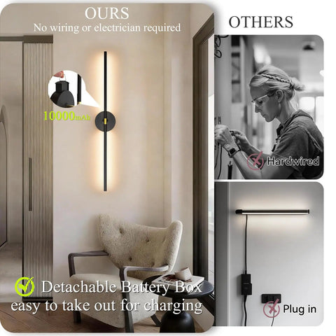 Wireless Wall Sconces Set Of Two With 10000Mah Rechargeable Battery Cordless Lights showing a sleek black sconce in a modern interior.