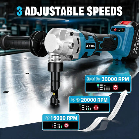 Heavy Duty Cordless Metal Nibbler With 30k Rpm Power For Cutting Steel Sheet Up To 18 Gauge And Aluminum, showing adjustable speed settings.