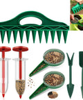 12 Hole Digger Seed Spreader 7 Piece Seed Sowing Dispenser Set Tiny Handheld Seed Planter For Small Seeds Multifunctional Seed Dibber And Spacer Gardening Tools Kit, green plastic with various seed sowing tools visible