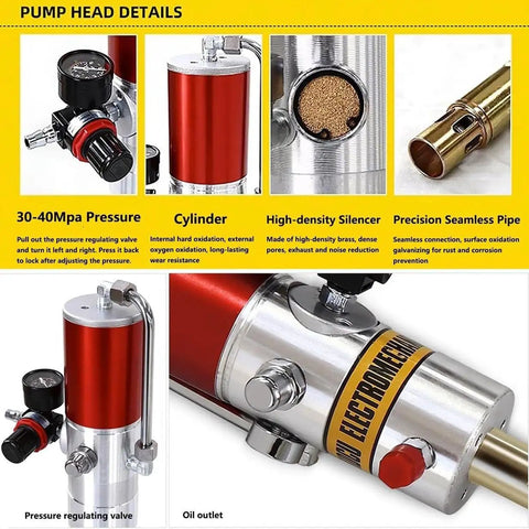 Pump head details of Shop Grade Air Operated Grease Pump For 55 Gallon Drums, features pressure gauge and oil outlet.