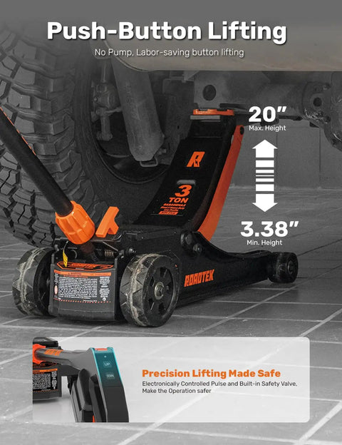 Electric Floor Jack 3 Ton Low Profile With One Touch Lift, 6000 Lbs Capacity, shown under vehicle lifting to 20 inches with push-button