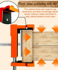 Four Pack Heavy Duty Face Frame Cabinet Clamps With Alignment Plate For Woodworking And Cabinet Installations Perfect For Drawer Fronts Panels And Cabinet Hardware Jigs Orange showing clamp holding wood with arrows indicating alignment.