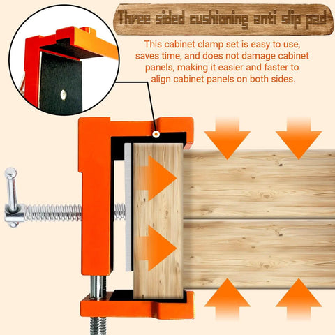 Four Pack Heavy Duty Face Frame Cabinet Clamps With Alignment Plate For Woodworking And Cabinet Installations Perfect For Drawer Fronts Panels And Cabinet Hardware Jigs Orange showing clamp holding wood with arrows indicating alignment.