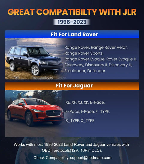 Jaguar Land Rover OBD2 Scanner OM501 Full System Diagnostic Tool With 15 Resets Oil ETC EPB ABS SAS Battery Read And Clear Fault Codes Plus Free Software Updates compatibility list for Land Rover and Jaguar models 1996-2023